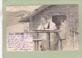 Kitsch Sennerin vor Alphütte Reliefkarte 1904